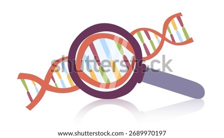 DNA analysis concept, magnifying glass zooming genetic code. Vector flat clipart.