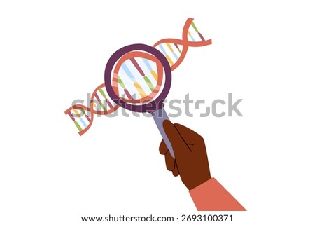 DNA analysis concept, magnifying glass in human hand zooming genetic code. Vector flat clipart.