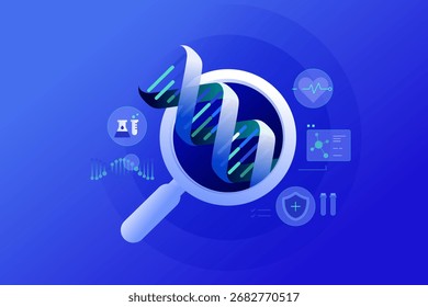 DNA-Analyse Gentests. Eine Illustration zum Thema Biotechnologie, die die DNA-Analyse unter einer Lupe zeigt, die Verschmelzung von Technologie und Wissenschaft für moderne Diagnostik und Behandlung.