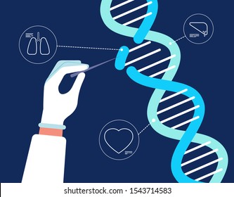 Dna analysis. Genome crispr cas9 biochemical farmacity medical engineering human gene mutation research chrommosomes vector background. Research dna, biotechnology engineering analysis illustration