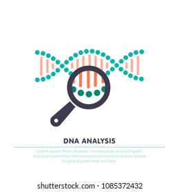 DNA analysis icon, genetics testing. dna chain in magnifying glass sign. genetic engineering, cloning, paternity testing. vector illustration