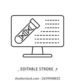 DNA analysis icon on a computer screen in minimalist style with editable stroke. Digital genetic test, lab results interface, biotech diagnostics, outline vector illustration.