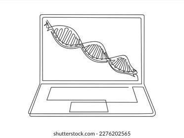 DNA analysis. One continuous line drawing of DNA  on screen laptop. Can used for logo, emblem, slide show and banner. Illustration with quote template. 