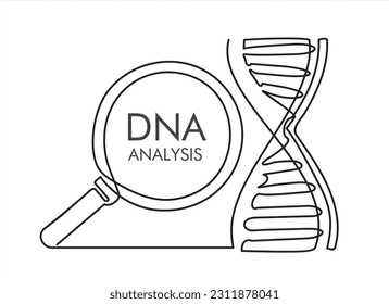 DNA analysis. One continuous line drawing of DNA and Magnifying glass. Can used for logo, emblem, slide show and banner. Illustration with quote template. 
