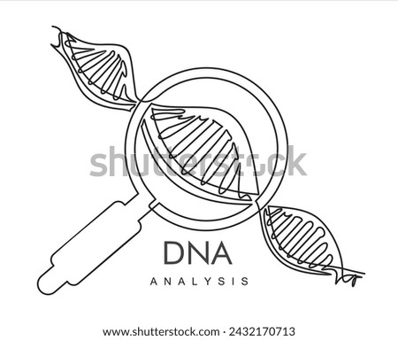 DNA analysis. One continuous line drawing of DNA and Magnifying glass. Can used for logo, emblem, slide show and banner. Illustration with quote template. 