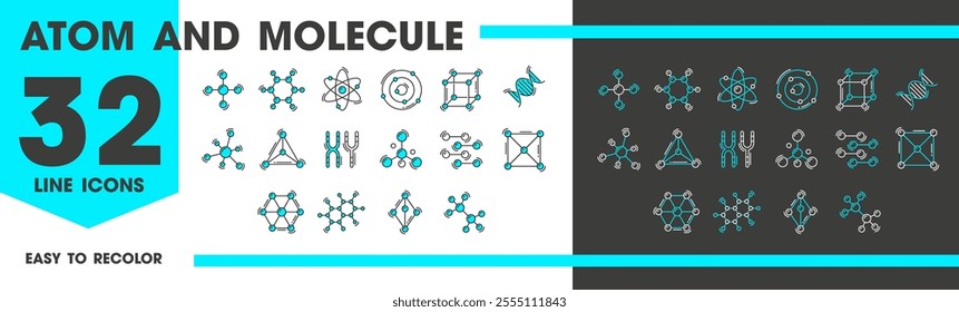 DNA, atom, chromosome molecule line icons, vector science, chemistry and physics, biology and medicine. Outline molecular structure symbols of DNA helix, cells, chromosomes, atom with electron orbits