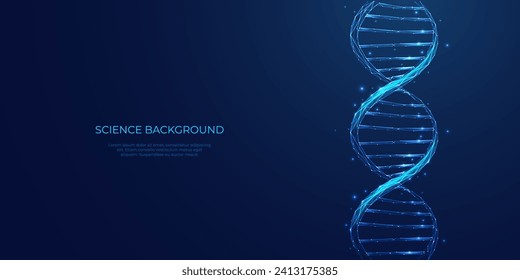 DNA background. Glowing blue double helix. Genetic code in futuristic polygonal style. Medical science concept. Abstract technology background, biology metaphor. Genome and cell. Vector illustration.