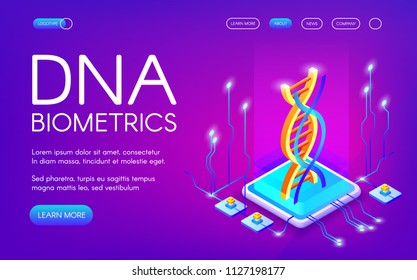 DNA biometrics technology vector illustration for personal identity recognition. Human body bio sensors for private data digital encryption on purple ultraviolet background