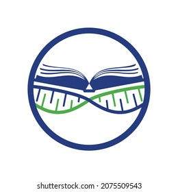Diseño del logo vectorial del libro de ADN. Plantilla de logotipo vectorial de libro genético.	