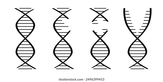 DNA, break or broken. DNA string, double helix spiral line. RNA gene chromosome elements, medic atom cell. Medical concept of biochemistry with dna molecule. Analysis test tools. Search data.