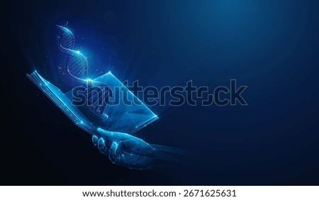 DNA Cell Composed of Particles Above a Low-Poly Open Book Held in Hand. Abstract Illustration Representing the Study of Human Genetics and Ancestry. A Genealogy Research Concept on a Blue Background.