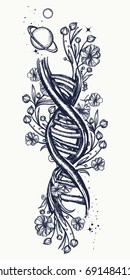 DNA chain and art nouveau flowers tattoo. Symbol of art, science, knowledge, medicine, evolutions, lives and death t-shirt design 