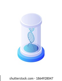 Dna chain in cylindrical flask isometric vector. Interlacing blue gene strands hermetically sealed in special glass container. Laboratory biotechnological research and scientific experiments.