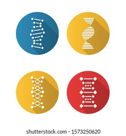 DNA Chain Flat Design Long Shadow Glyph Icons Set. Deoxyribonucleic, Nucleic Acid Helix. Spiraling Strand. Chromosome. Molecular Biology. Genetic Code. Genome. Genetics. Vector Silhouette Illustration