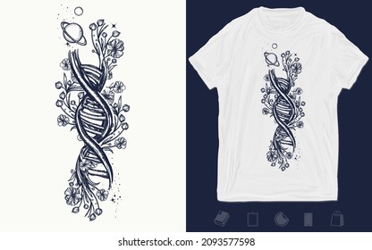 DNA chain and flowers tattoo. Symbol of science, knowledge, medicine, evolution, lives and death t-shirt design. Vector graphics template. Hand drawn illustration 