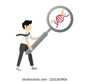 DNA chain and magnifying glass. Science concept, DNA research sign on white background, genetic testing with magnifying glass icon for web and mobile. Vector graphics.