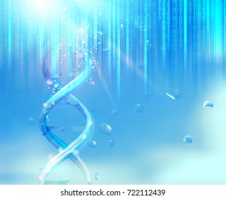 Cadena de ADN sobre fondo azul abstracto con matrices de dígitos que caen. Ilustración vectorial.