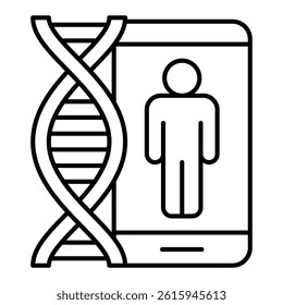 DNA chain with smartphone user thin line icon, genetic research concept. Vector graphics. Genome test on phone, gadget sign on white background, linear style for mobile or design
