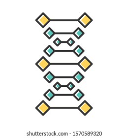 DNA chains color icon. Deoxyribonucleic, nucleic acid helix. Spiraling strands. Chromosome. Molecular biology. Genetic code. Genome. Genetics. Medicine. Isolated vector illustration