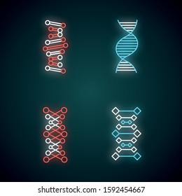 DNA chains neon light icons set. Deoxyribonucleic, nucleic acid helix. Spiraling strands. Chromosome. Molecular biology. Genetic code. Genetics. Medicine. Glowing signs. Vector isolated illustrations