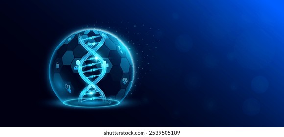 Célula do cromossomo do DNA humano dentro da proteção do escudo da cúpula transparente futurista com ícone médico. Inovação tecnológica em saúde. Espaço vazio para texto. Banner de ciência médica. Vetor.