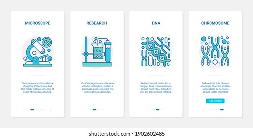DNA chromosome research biotechnology vector illustration. UX, UI onboarding mobile app page screen scientific set with line laboratory microscope, researchers equipment, medical science technology