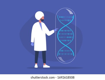 DNA code, biotech startup, scientific big data, young indian male researcher working in a lab