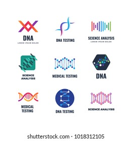 Dna code biotech vector science genetics logo. Helix molecule biotechnology emblems with dna gene spiral, biotechnology genome chromosome. Vector illustration