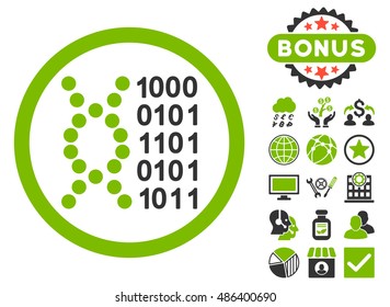 DNA Code icon with bonus images. Vector illustration style is flat iconic bicolor symbols, eco green and gray colors, white background.