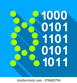DNA Code long shadow vector icon. Style is a flat light symbol with rounded angles on a blue square background.