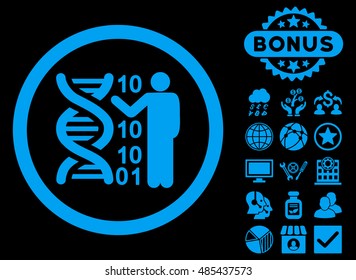 DNA Code Report icon with bonus elements. Vector illustration style is flat iconic symbols, blue color, black background.