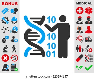 Dna Code Report vector icon. Style is bicolor flat symbol, blue and gray colors, rounded angles, white background.