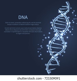 Estrutura do código de DNA com cromossomos irradiam brilho branco claro. Ilustração vetorial do ícone de código genético isolado em fundo azul escuro com texto