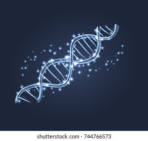 DNA code structure with chromosomes radiate light white glow. Vector illustration of gene code icon isolated on dark blue background