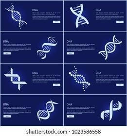 DNA collection of web pages, internet sites with image of DNA and text sample with headline, buttons and light vector illustration isolated on blue