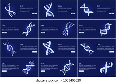 DNA collection of web pages, internet sites with image of DNA and text sample with headline, buttons and light vector illustration isolated on blue