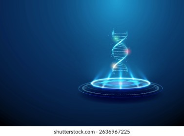 DNA with colored markers on futuristic podium Biomarkers, genetic research, precision medicine, biotechnology concept. Glowing DNA strand with highlighted segments. Neon lighting, light beams. Vector.
