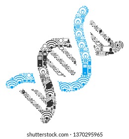 DNA composition icon designed for bigdata and computing purposes. Vector DNA mosaics are combined from computer, calculator, connections, wi-fi, network, interface elements into abstract composition.