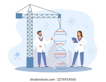 Concepto de construcción de ADN. El hombre y la mujer evalúan la estructura de la molécula. Científicos y médicos, especialistas. Biología molecular y química, ingeniería genética. Dibujo vectorial plano de dibujos animados