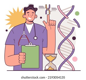 DNA Damage. Cellular Level Of Aging. Time-dependent Accumulation Of Cellular Damage And Mutation. Human Telomeres Shortening. Flat Vector Illustration