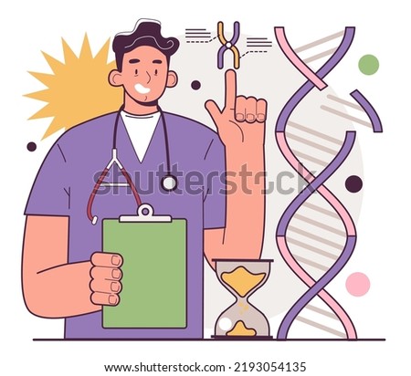 DNA damage. Cellular level of aging. Time-dependent accumulation of cellular damage and mutation. Human telomeres shortening. Flat vector illustration