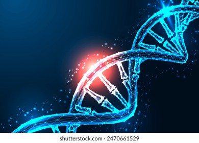 DNA damage, genetic mutation and genomic instability, destroyed code futuristic concept in glowing low polygonal style on dark blue background. Modern abstract connection design vector illustration.