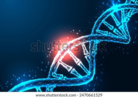 DNA damage, genetic mutation and genomic instability, destroyed code futuristic concept in glowing low polygonal style on dark blue background. Modern abstract connection design vector illustration.
