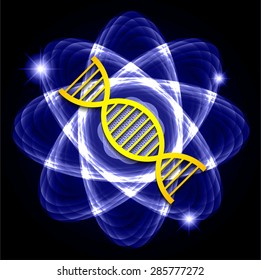 DNA. Dark blue Shining atom scheme. Vector illustration. dark background. digital. infographics. Abstract Technology background for computer graphic website internet and business. circuit.
