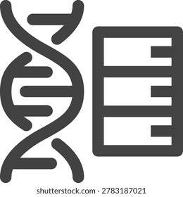 DNA Database Line Icon EPS Vector featuring DNA sequence storage, genomic database management, and bioinformatics archive concept with double helix and digital data panel. Minimal editable outline symbol suitable for genome sequencing records, biotechnology systems, molecular biology databases, healthcare informatics, biomedical data storage, and scientific research visualization. Editable stroke width line icon provided as EPS vector format for scalable biotech, laboratory, and medical technology projects.