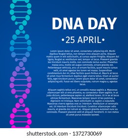 DNA day typography poster. Neon helix of human DNA molecule. Science  concept vector illustration. Easy to edit template for banner, flyer, brochure, greeting card, etc.