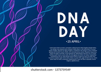 DNA day typography poster. Science  concept vector illustration. Neon helix of human DNA molecule.  Easy to edit template for banner, flyer, brochure, greeting card, etc.