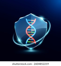 DNA or Deoxyribonucleic Acid cell human in translucent glass shield modern. Surrounded by glowing ring safety guardian on blue background. Medical health care immunity and protection concept. Vector.
