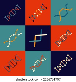 dna Deoxyribonucleic acid nucleic acids double helix genetics biology icon set pharmaceutical genome research logo molecular biology chemistry biotechnology human genome vector set seamless pattern