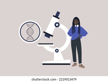 DNA Digital Code Under The Microscope, Biotech And Bio Hacking, A Young Female African Scientist Presenting A Discovery